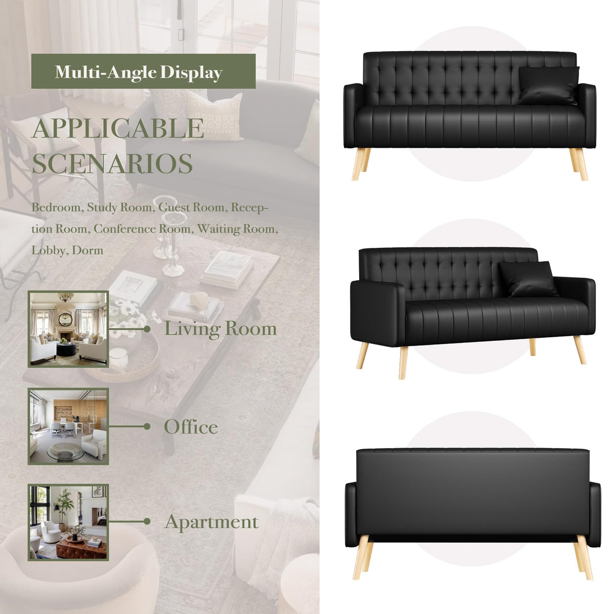 CHYMSUN 57” W Loveseat Sofa, Small Black Faux Leather Couch w/USB Charging Ports, Mid Century Modern Tufted Love Seat Couches, Mini Office Sofa Couch for Small Spaces, Bedroom, Living Room, Apartment CHYMSUN