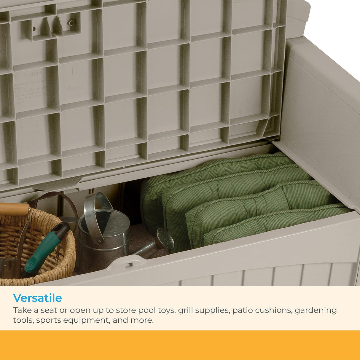 Suncast 50 Gallon Patio Bench with Storage - Decorative Resin Outdoor Patio Bench for Deck, Patio, Garden, Backyard - Ideal for Storing Toys, Cushions, Tools - Taupe () Suncast