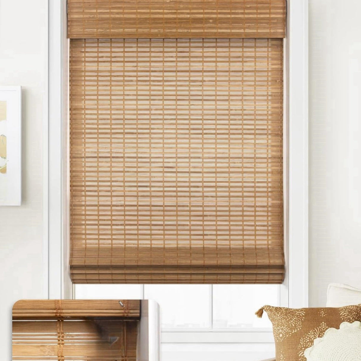 Cordless Natural Woven Wooden Curtains, Cordless Blackout Bamboo Roman Blinds, Natural Woven Wooden Curtains, Lined Bamboo Window Blinds with Excellent Privacy 31" W x 52" H Generic