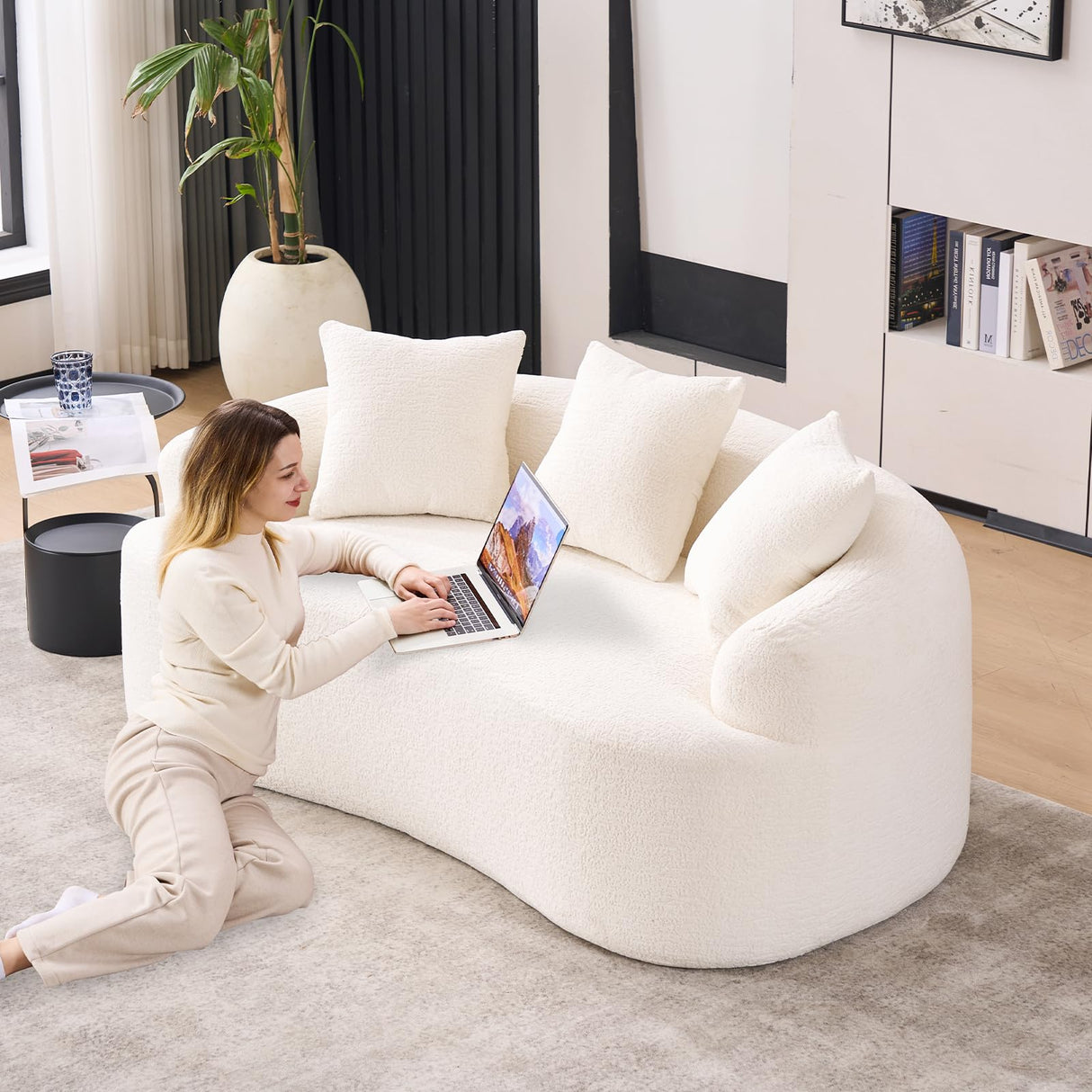 Hnvzldn 65" Curved Loveseat for Small Spaces,Boneless Loveseat Sofa,Wood Grain Chenille Fabric, No Installation Requirement, Curved Sofa Couch for Apartment,Living Room,Office (White, 65") Hnvzldn