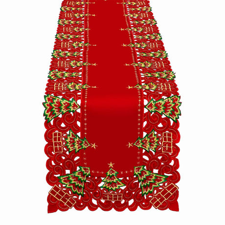 Grelucgo Embroidered Christmas Holiday Holly Tree Table Runner, Dresser Scarf, Rectangular 16 x 72 Inch Grelucgo