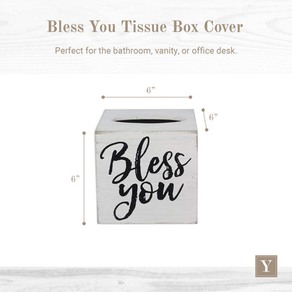 Young's Inc. Wood Bless You Tissue Box Cover - Tissue Holder for Farmhouse Bathroom Decor - Charming Rustic Bathroom Decor - 6" L x 6" W x 6" H