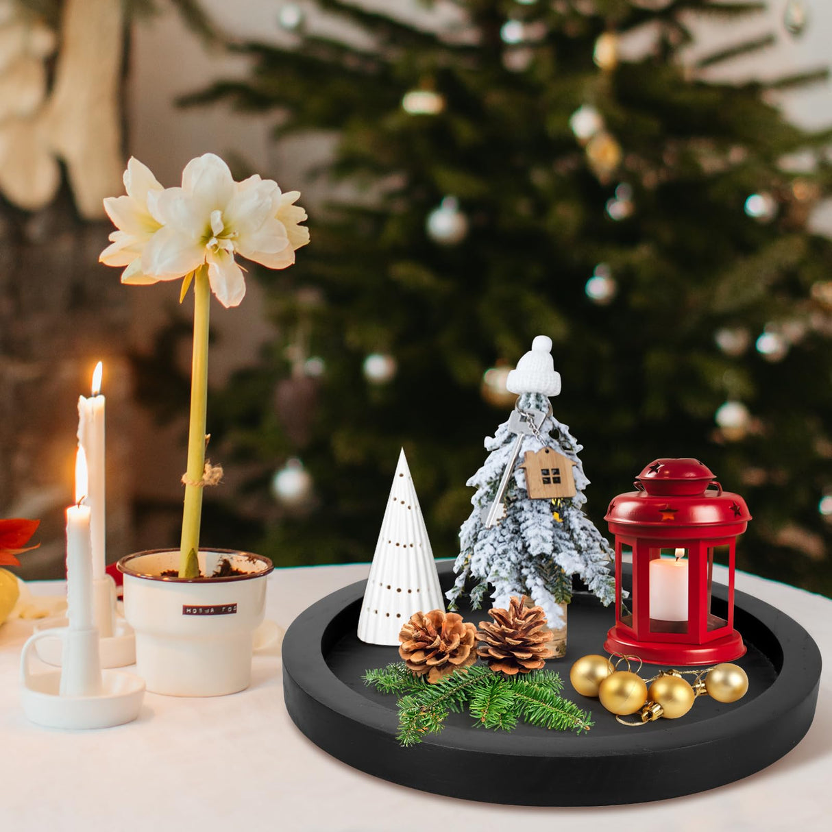 Round Decorative Tray for Coffee Dining Table Countertop Small Wooden Serving Trays Farmhouse Kitchen Home Living Room Decor and Bathroom Accessories Tray Black Rustic Wood Candle Centerpiece Tray Ayiaren