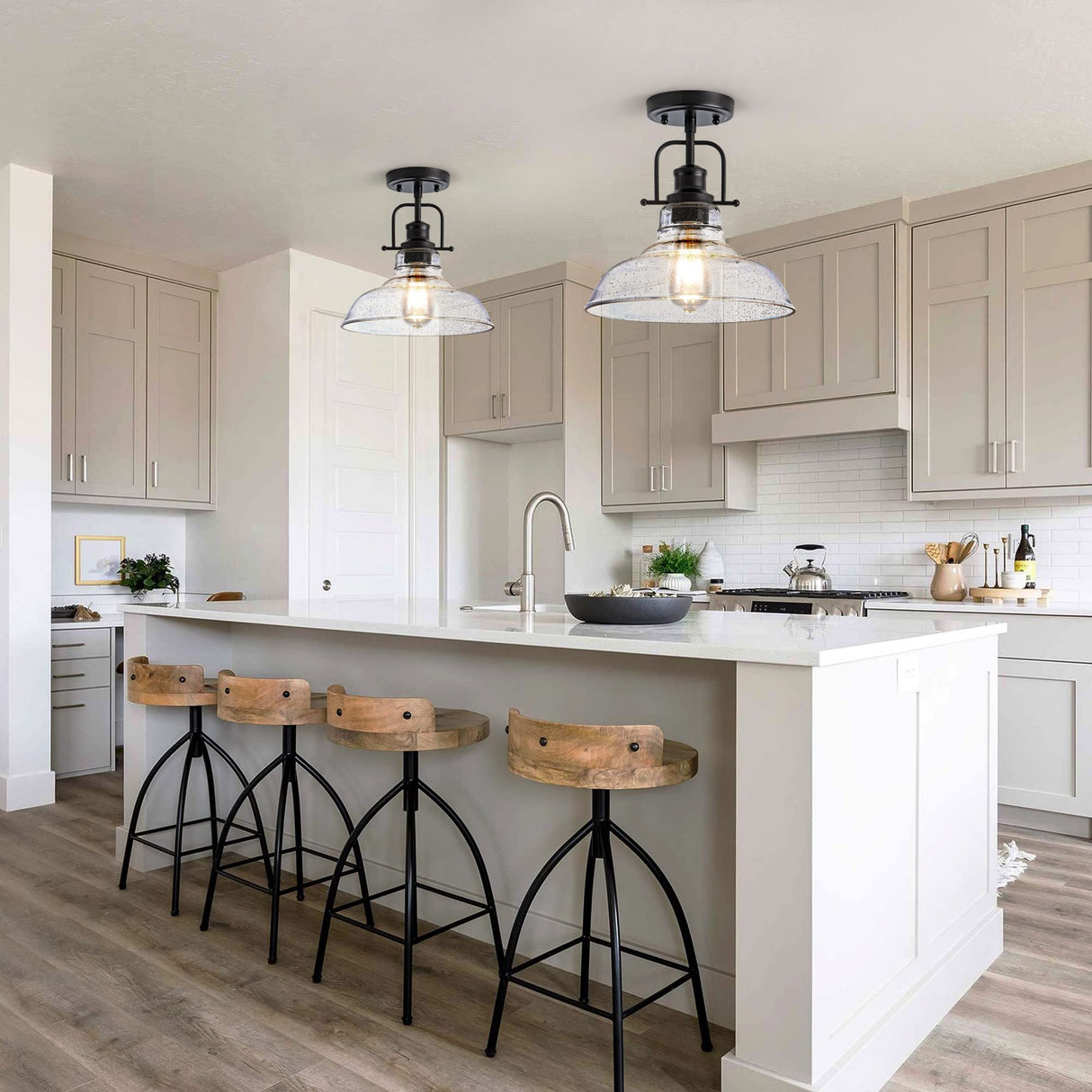 Zlepmlla Flush Mount Ceiling Light Fixture < Bulb NOT Included >, Black Metal Frame Ceiling Light Fixture with Seeded Glass, Farmhouse Light Fixture for Kitchen Island Entryway Porch Foyer Zlepmlla