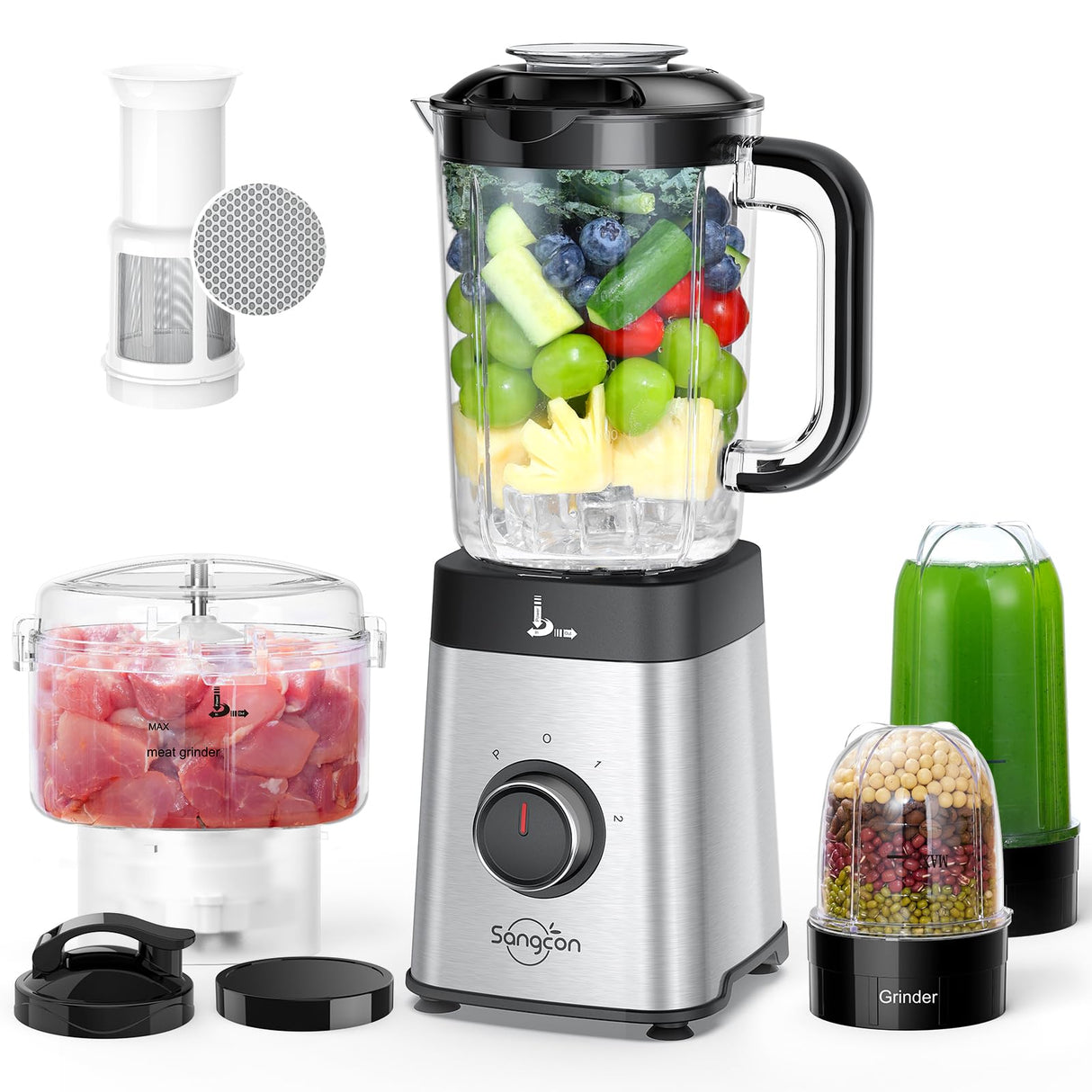 Sangcon Blenders and Food Processor Combo for Kitchen, 5 in 1 Blender for Shakes and Smoothies, Meat Chopped, Grinding & more, 40 oz Jar & 17oz Cup with To-Go Lid, Stainless Steel Silver sangcon