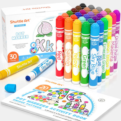 Shuttle Art Dot Markers, 30 Colors Washable for Toddlers with Free Activity Book, Bingo Daubers Supplies for Kids Preschool Children, Non Toxic Water-Based Dot Art Markers Shuttle Art