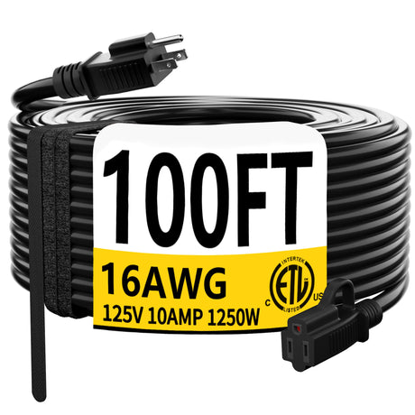 HUANCHAIN Black Outdoor Extension Cord 100 FT Waterproof, Flexible 16/3 Gauge Heavy Duty Power Cord Extension 3 Prong 10A 1250W SJTW ETL Listed huanchain