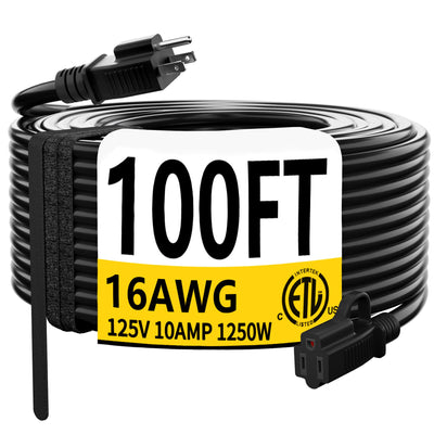 HUANCHAIN Black Outdoor Extension Cord 100 FT Waterproof, Flexible 16/3 Gauge Heavy Duty Power Cord Extension 3 Prong 10A 1250W SJTW ETL Listed