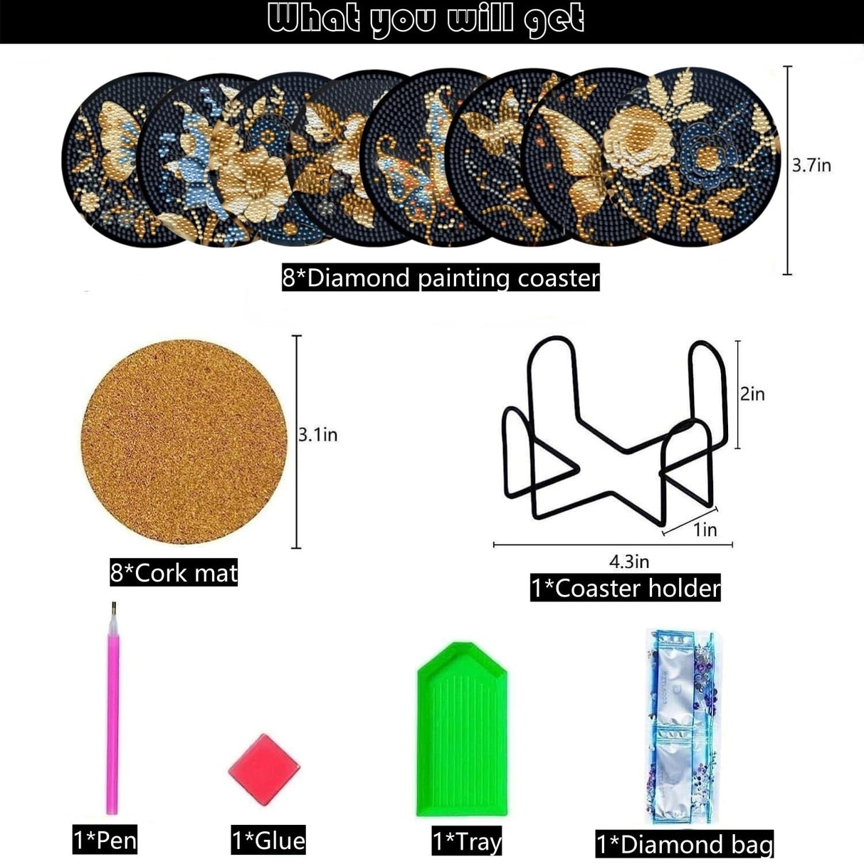 8 Pcs Butterfly Diamond Painting Coasters Kits with Holder,Diamond Art Coasters Set for Drinks Coffee Table, Gem Painting kit for Beginners Adults DIY Art Craft Gifts Black Gold Decors (Butterfly) Bulerrylulu