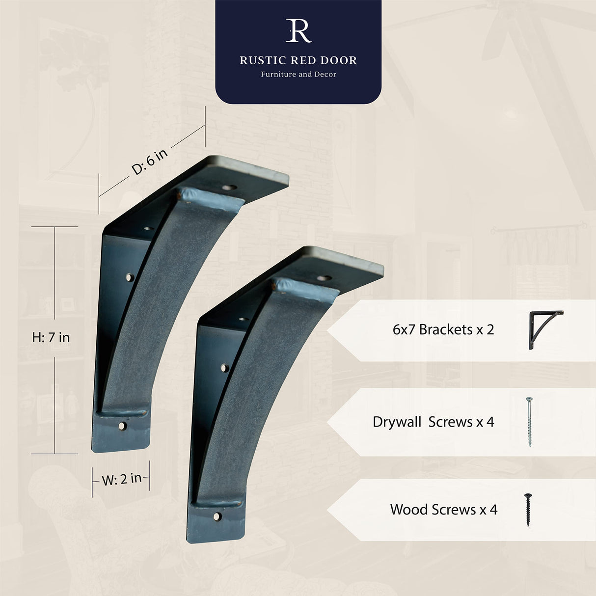 RRD Steel Mantel Brackets Heavy Duty (2 Pack) Fireplace Mantel Brackets - Countertop Support Bracket - Hand Welded Steel Bracket - Mantel Bracket Rustic Farmhouse Décor (6"x7"x2", ¼” Natural Steel) Rustic Red Door Co.