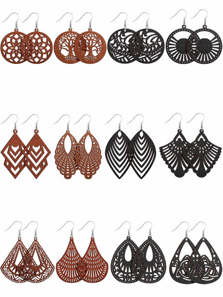 MTLEE 12 Pairs African Wooden Dangle Earrings Lightweight Drop Earrings Bohemian Pendant Jewelry Wooden Ornaments(Stylish Style,Black, Brown) MTLEE