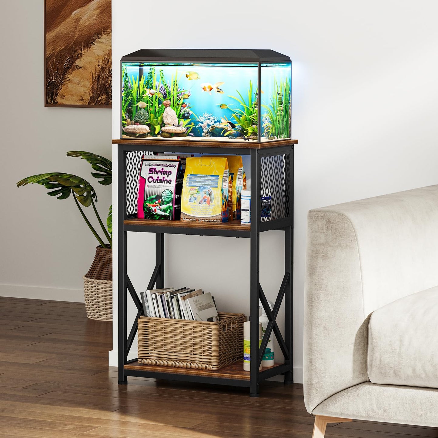 Snughome Fish Tank Stand, 10 Gallon Aquarium Stand with Storage, 3 Tier Heavy Metal Fish Tank Stand Fish Tank Shelf 20.47''L×11.42''W×30.91''H, Rustic Brown - WoodArtSupply