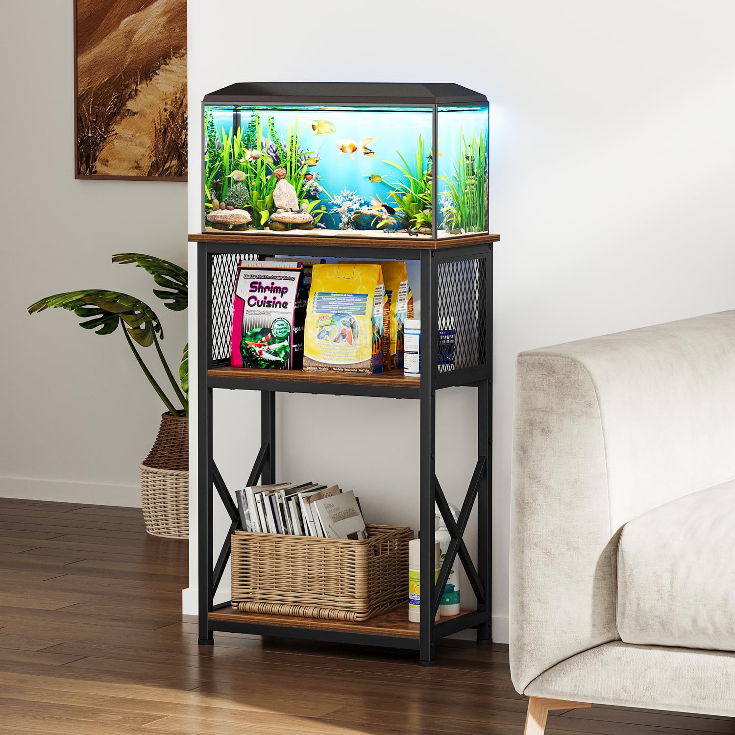 Snughome Fish Tank Stand, 10 Gallon Aquarium Stand with Storage, 3 Tier Heavy Metal Fish Tank Stand Fish Tank Shelf 20.47''L×11.42''W×30.91''H, Rustic Brown - WoodArtSupply