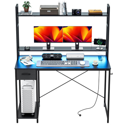 WASAGUN Gaming Desk with Storage Shelves,47 Inch Computer Desk with Hutch,Home Office Small Desk with Drawers,Corner PC Desk,Writing Desk for Bedroom,Black