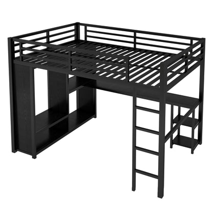 Queen Loft Bed with Desk and Storage Shelves, Loft Bed Queen Size, Queen Loft Bed with Wardrobe and Hanging Rod, Metal Loft Bed with Guardrail and Ladder, Queen Loft Bed for Adults Teens(Queen Balck)