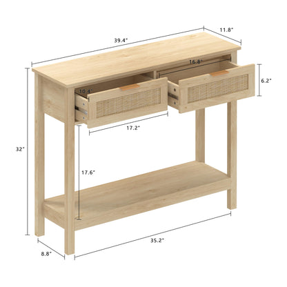 Trironsun Farmhouse Rattan Console Table with 2 Drawers 2 Tier Boho Narrow Long Sofa Table Natural with Open Storage Shelf Wood Entryway Table for Living Room Hallway Foyer (Nature, 39.4 Inch - WoodArtSupply