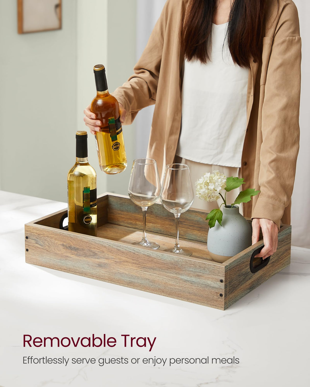 VASAGLE Kitchen Serving Cart with Removable Tray, 3-Tier Kitchen Utility Cart on Wheels with Storage, with Brakes, Leveling Feet, 15.7 x 28.3 x 33.9 Inches, Turquoise Brown and Ink Black ULRC072K60 VASAGLE