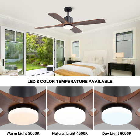 WINGBO 48 Inch DC Ceiling Fan with Lights and Remote Control, 4 Carved Solid Wood Blades, 6-Speed Noiseless Reversible DC Motor, Modern Ceiling Fan in Black Finish with Walnut Blades, ETL Listed WINGBO