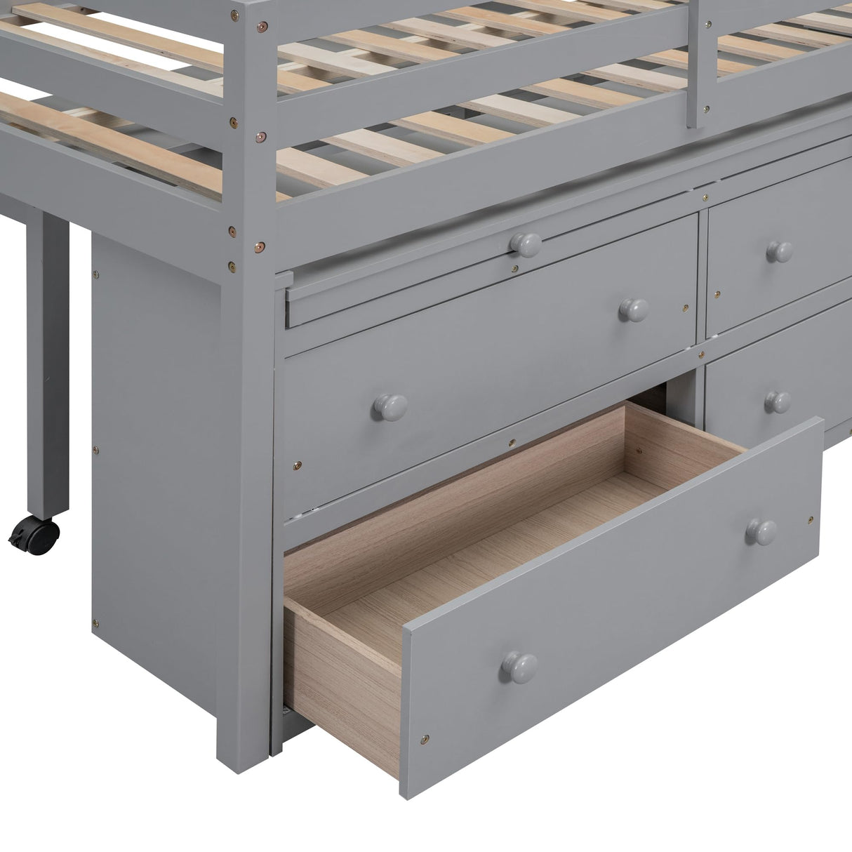 Kids Full Low Loft Bed with Storage, Full Size Loft Bed with Portable Desk and 4 Drawers, Wood Full Loft Bed with Shelves, Modern Farmhouse Junior Loft Bed for Kids Boys Girls, Gray Harper & Bright Designs