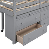 Kids Full Low Loft Bed with Storage, Full Size Loft Bed with Portable Desk and 4 Drawers, Wood Full Loft Bed with Shelves, Modern Farmhouse Junior Loft Bed for Kids Boys Girls, Gray Harper & Bright Designs