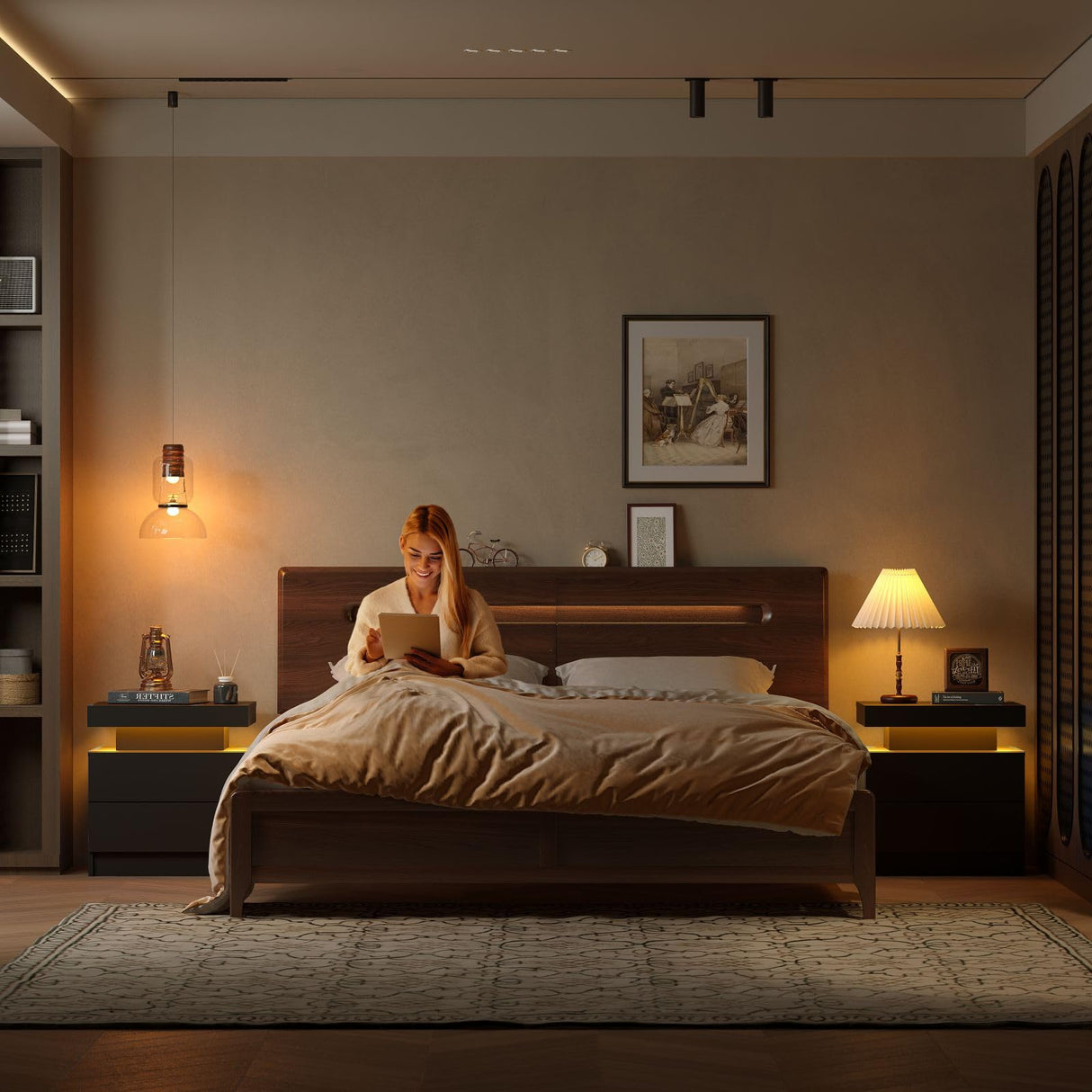 i-aplus Nightstand Set of 2 LED Nightstand with 2 Drawers, Bedside Table with Drawers for Bedroom Furniture, Side Bed Table with LED Light, Black i-aplus