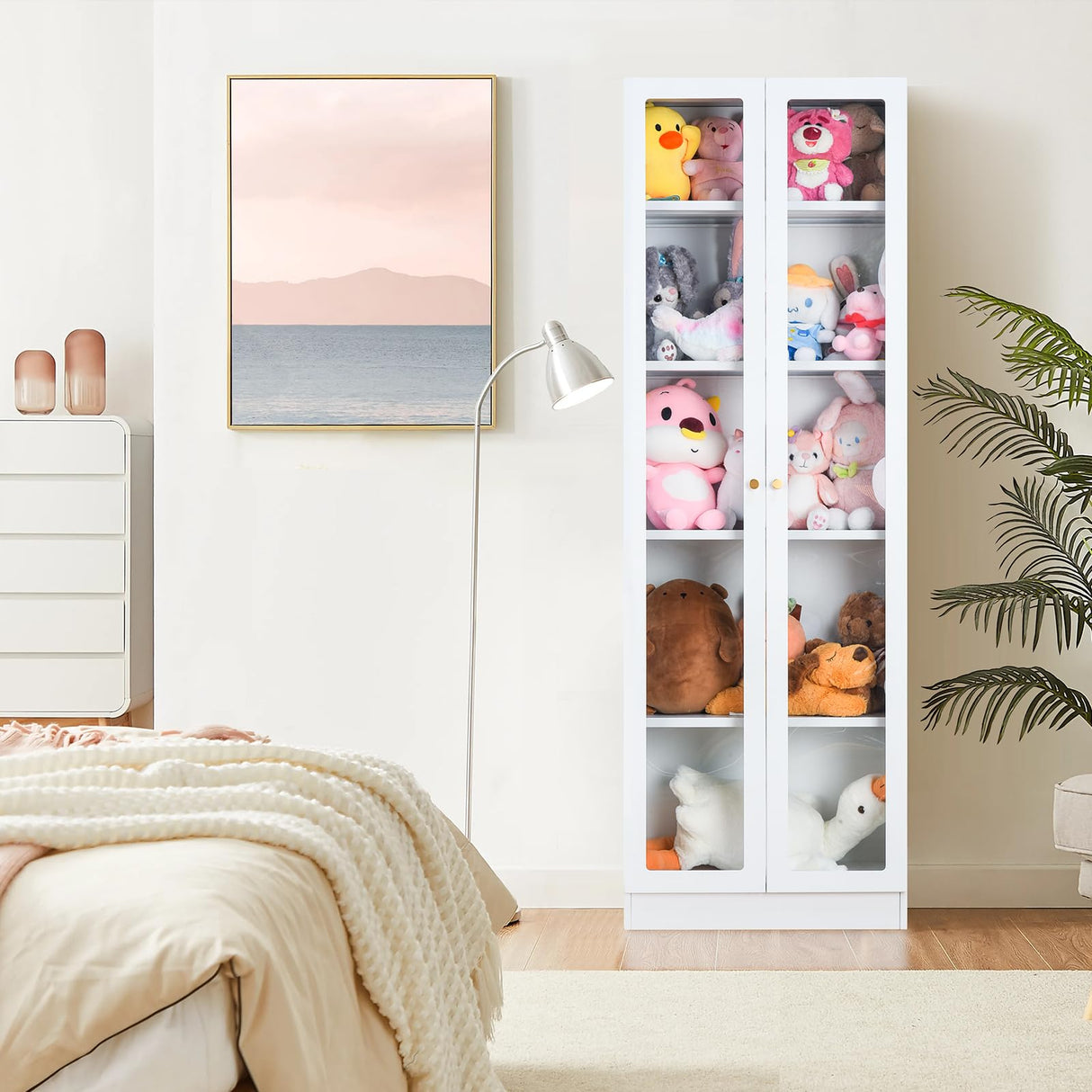 IRONMIX Modern Display Cabinet with Doors, Curio Cabinet with 4 Adjustable Shelves, 5-Tier Display Case, 71" Tall China Cabinet for Living Room, Tall Bookcase for Home Office (23.5 W, White) IRONMIX