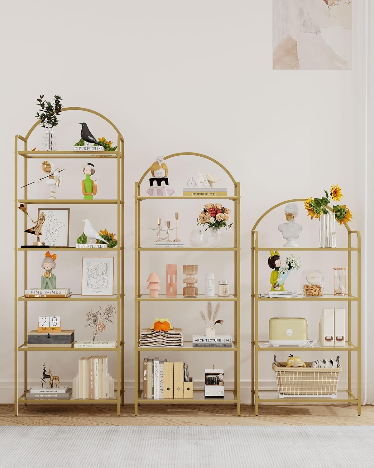 Hzuaneri Bookcase Bookshelf, Tempered Glass Bookshelves, Slim Shelving Unit for Bedroom, Bathroom, Home Office, Steel Frame, 4 Tier Gold BC21499G Hzuaneri