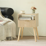 Nightstand with Charging Station, Wood Bedside Table with Drawer, Modern End Table for Bedroom and Small Spaces, Solid Wood Legs, Easy Assembly, Natural MaxSmeo