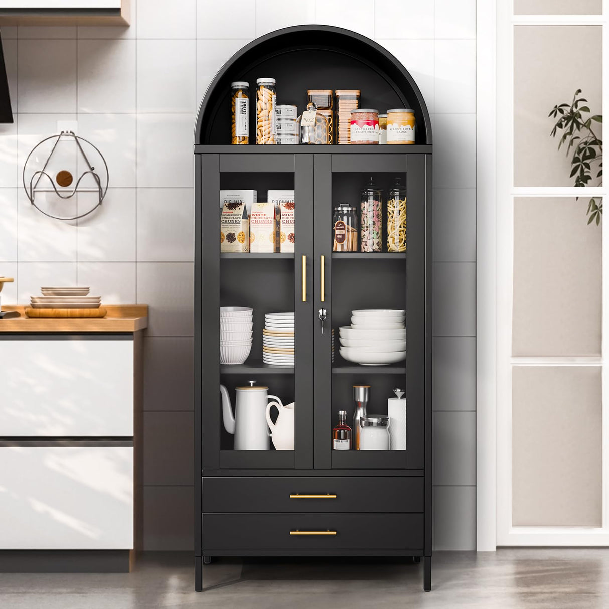 Holiwei Metal Storage Cabinet, 73" Arched Kitchen Pantry Organizer with 2 Drawers & 2 Adjustable Shelves, Freestanding Display Cabinet for Living Room Holiwei