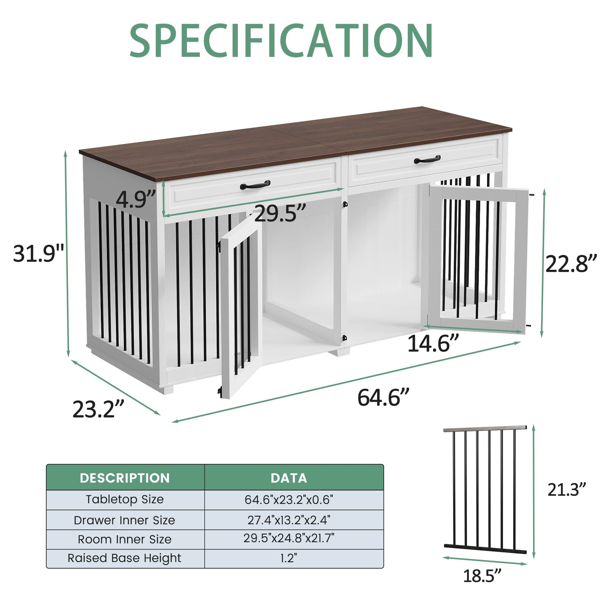 DAWNSPACES Furniture Style Dog Crate, 64.6 Inch Wooden Large Dog Kennel with Drawers & Divider, Indoor Dog House Furniture with Double Rooms for Medium Small Dogs, White - WoodArtSupply