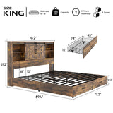 HOWE King Size Bed Frame, Wood Platform Bed Frame with 51.2" Bookcase Headboard, Storage Bed with Sliding Barn Door Charging Station 2 Drawers, No Box Spring Needed/Rustic Brown HOWE