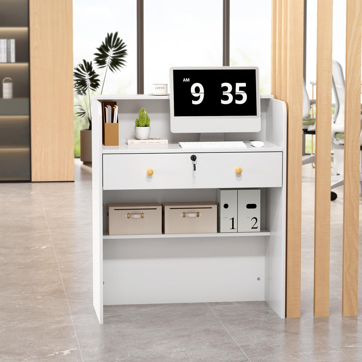 OmySalon Reception Desk with Counter, Small Front Desk w/Lockable Drawer, Wooden Modern Reception Table for Salon Lobby Office Home (White, 32) OmySalon