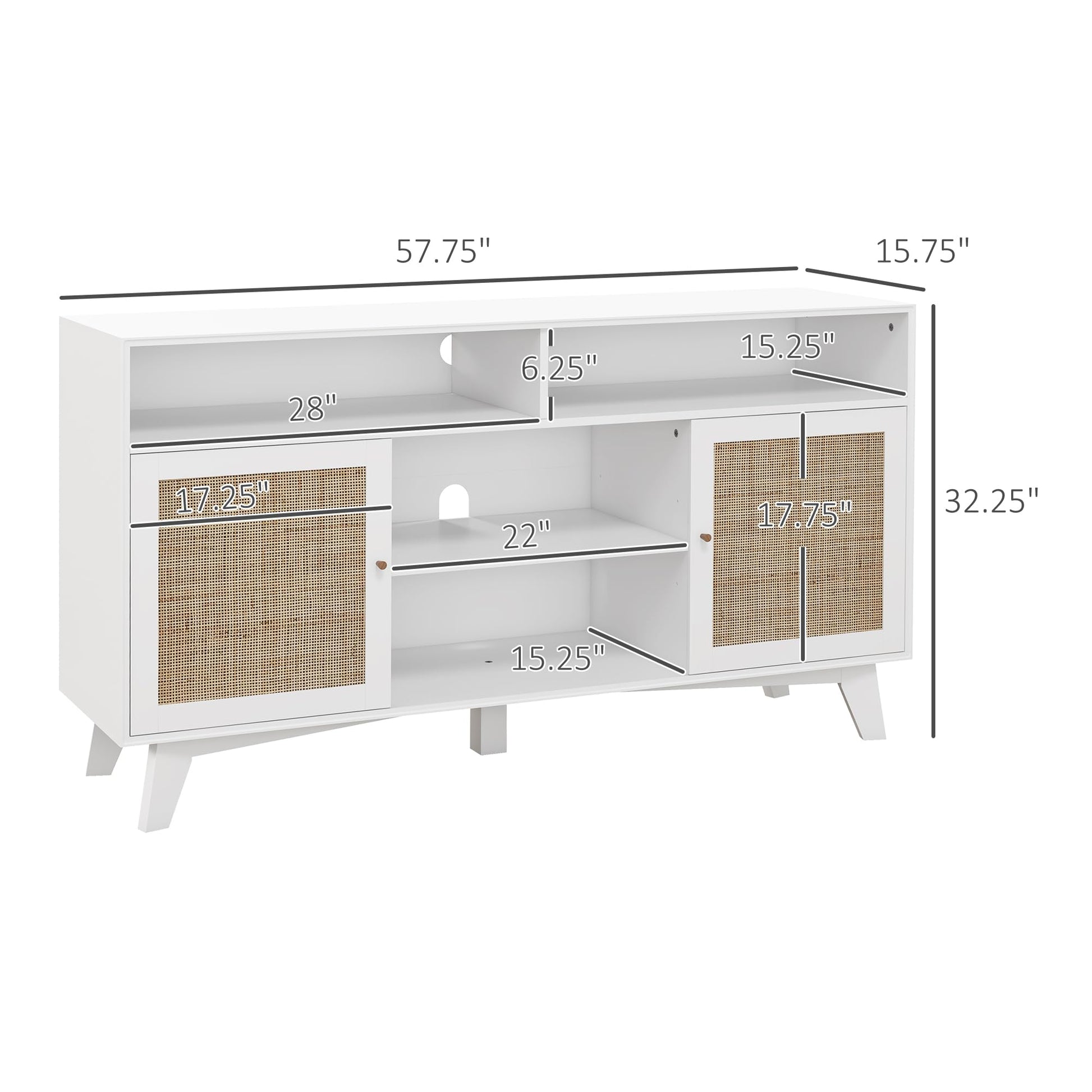 HOMCOM Boho TV Stand for 65 Inch TVs, Entertainment Center with Storage, Media TV Console Table with Rattan Doors, Adjustable Shelves and 2 Cord Holes for Living Room, White - WoodArtSupply