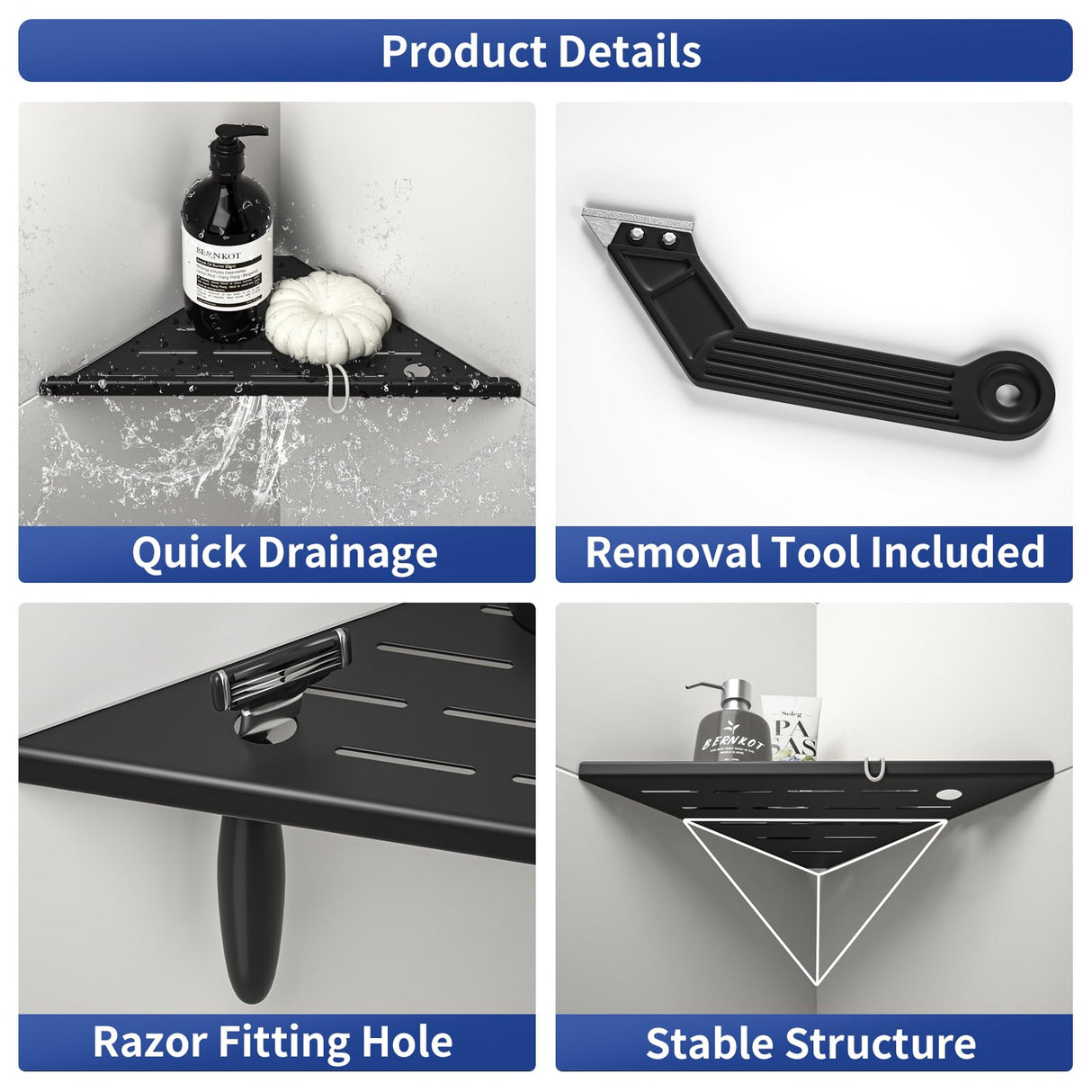 Bernkot 10'' Corner Shower Shelf w/Soap Holder, 304 Stainless Steel Grout in Shelf for Bathroom, Recessed Shelf for Tiled Wall, No Drilling Needed (Black) Bernkot