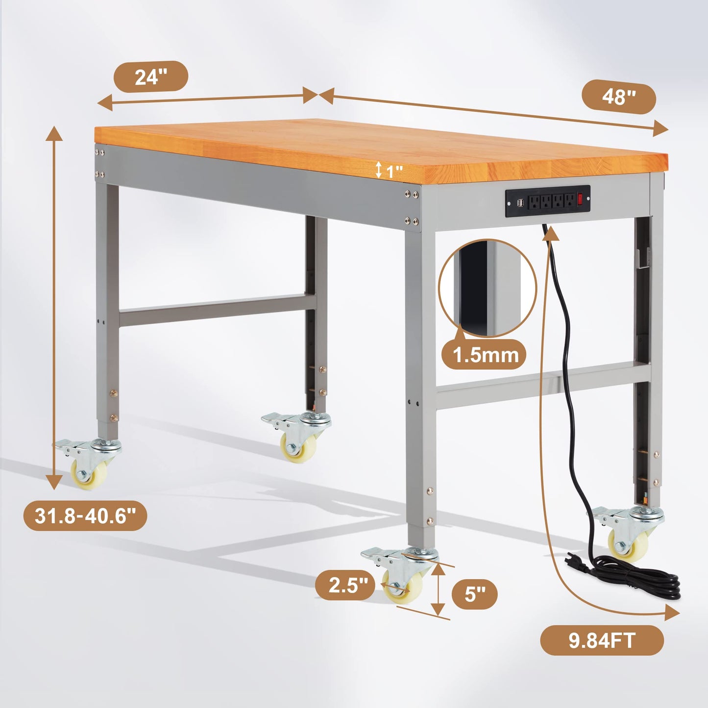 HABUTWAY Height Adjustable Workbench with Wheels 48" x 24" 2000 Lbs Capacity Oak Board Work Station Heavy-Duty Rolling Work Benches for Garage Party Shop Office (48 x 24 INCH Gray Frame)