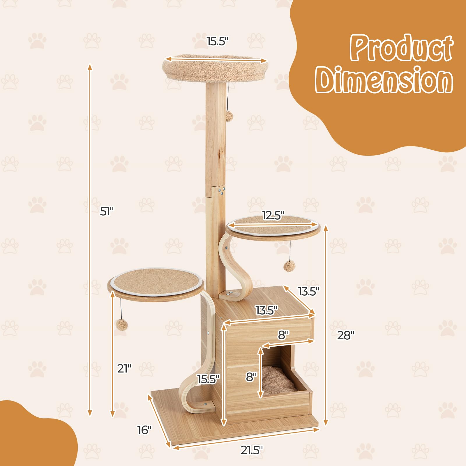 PETSITE 51 Inches Cat Tree, Modern Wooden Cat Tower with Plush Padded Top Perch, Cat Condo with Soft Pad, Dangling Balls, Multi-Level Cat Tree Tower for Indoor Cats Large Adult - WoodArtSupply