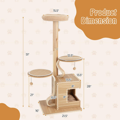 PETSITE 51 Inches Cat Tree, Modern Wooden Cat Tower with Plush Padded Top Perch, Cat Condo with Soft Pad, Dangling Balls, Multi-Level Cat Tree Tower for Indoor Cats Large Adult - WoodArtSupply