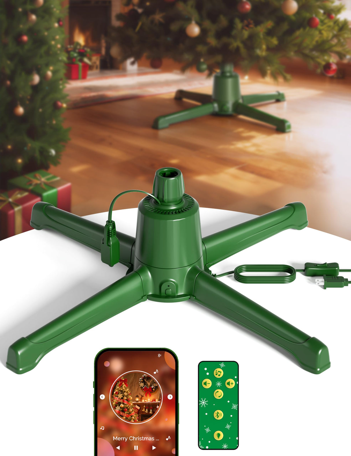 COOLWUFAN Musical Rotating Christmas Tree Stand with Remote Control, Built-in Electrical Outlets Xmas Tree for Up to 9ft Artificial Trees, Stable 360 Degree Spinning Tree Base Holder COOLWUFAN