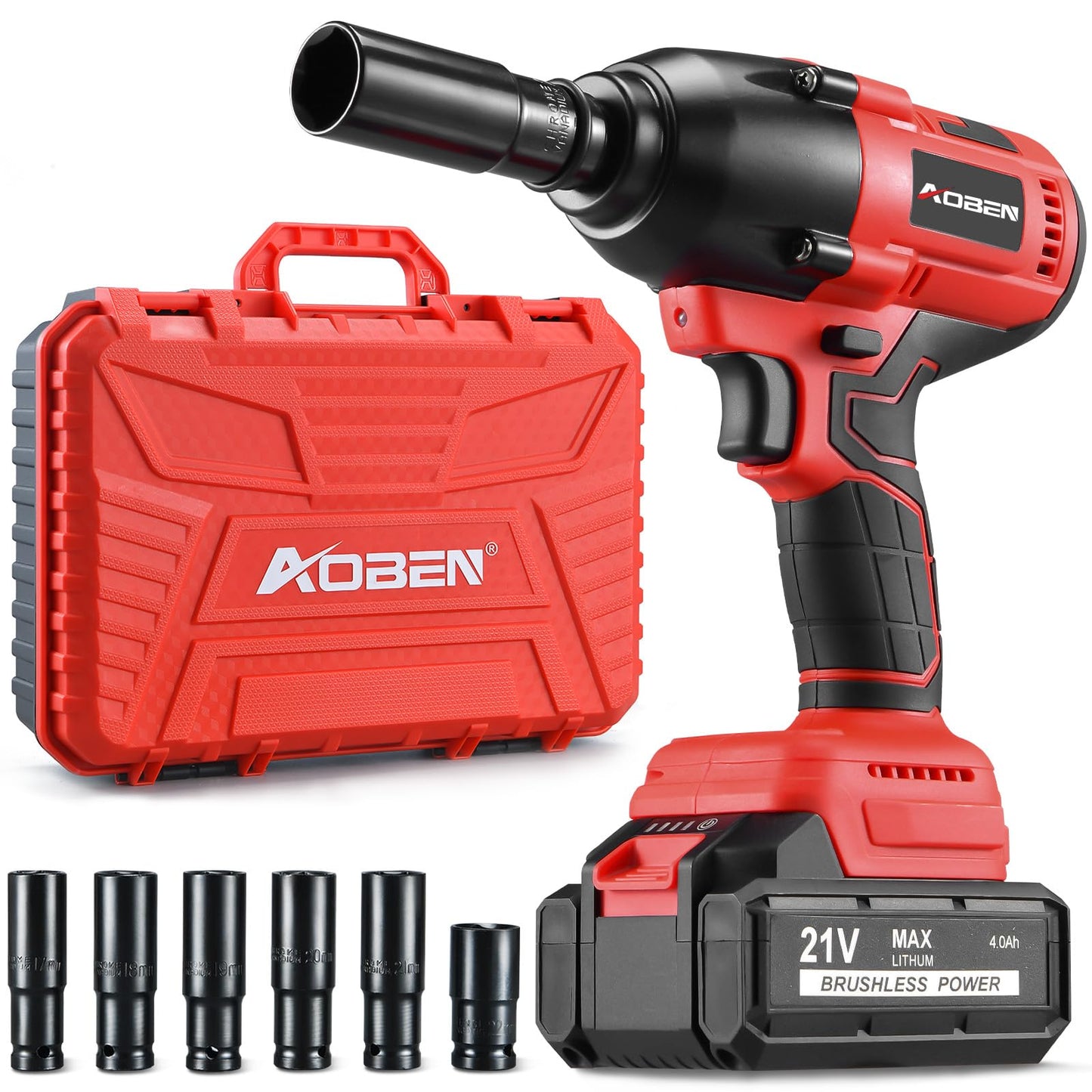 AOBEN Cordless Impact Wrench 1/2 Inch, Power Impact Gun Kit, Max 600N. M/450Ft-lbs High Torque Electric Impact Driver for Car RV Tire, 4.0Ah Battery, Charger, 6 Sockets & Storage Tool Case - WoodArtSupply