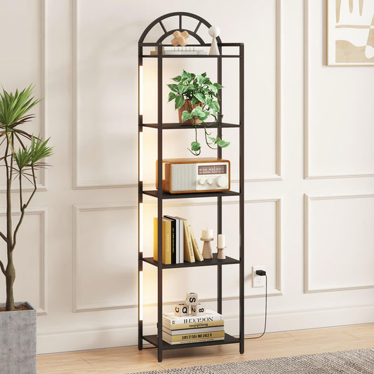 Lifewit 5-Tier Arched Led Display Shelf with Ajustable Color Temperature and Brightness Control, Etagere Bookshelf with Metal Frame and Wood Shelf for Living Room, Bedroom, Curio Cabinet, Black