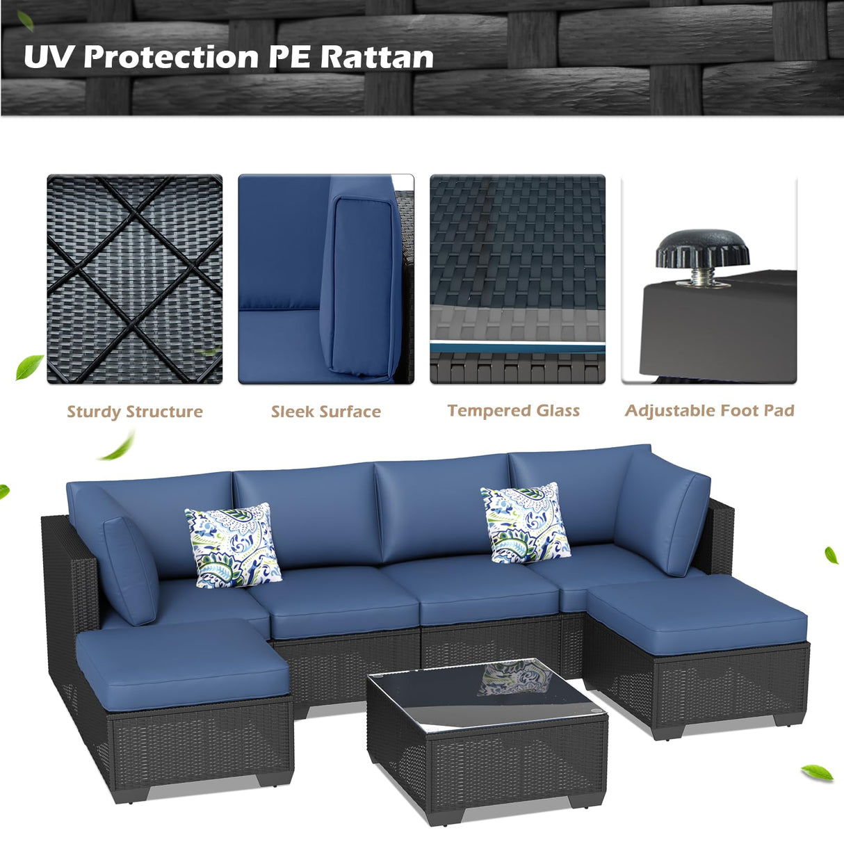 U-MAX 7 Piece Outdoor Patio Furniture Set, PE Rattan Wicker Sofa Set, Outdoor Sectional Furniture Chair Set with Navy Cushions and Tea Table, Black Rattan U-MAX