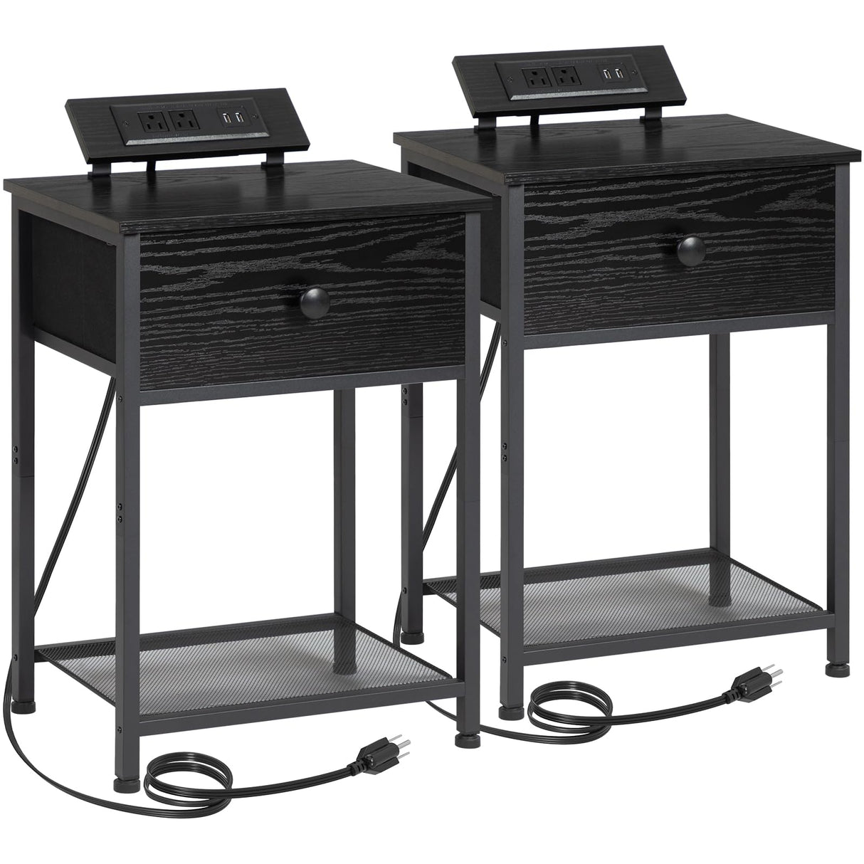 AMHANCIBLE Night Stand, Black Nightstand Set of 2, Small End Tables Living Room with Charging Station, Slim Bed Side Table with Fabric Storage Drawer for Bedroom, Small Space, HET03SDPBK AMHANCIBLE