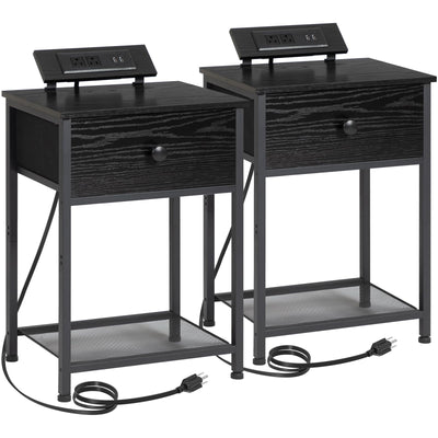 AMHANCIBLE Night Stand, Black Nightstand Set of 2, Small End Tables Living Room with Charging Station, Slim Bed Side Table with Fabric Storage Drawer for Bedroom, Small Space, HET03SDPBK