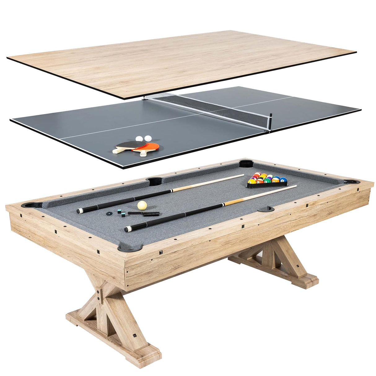 Freetime Fun 7 FT 3 in 1 Multi Game Pool Table with Dining Top Pool Table Ping Pong Table Combo, includes Pool Table Accessories and Tennis Paddles Freetime Fun