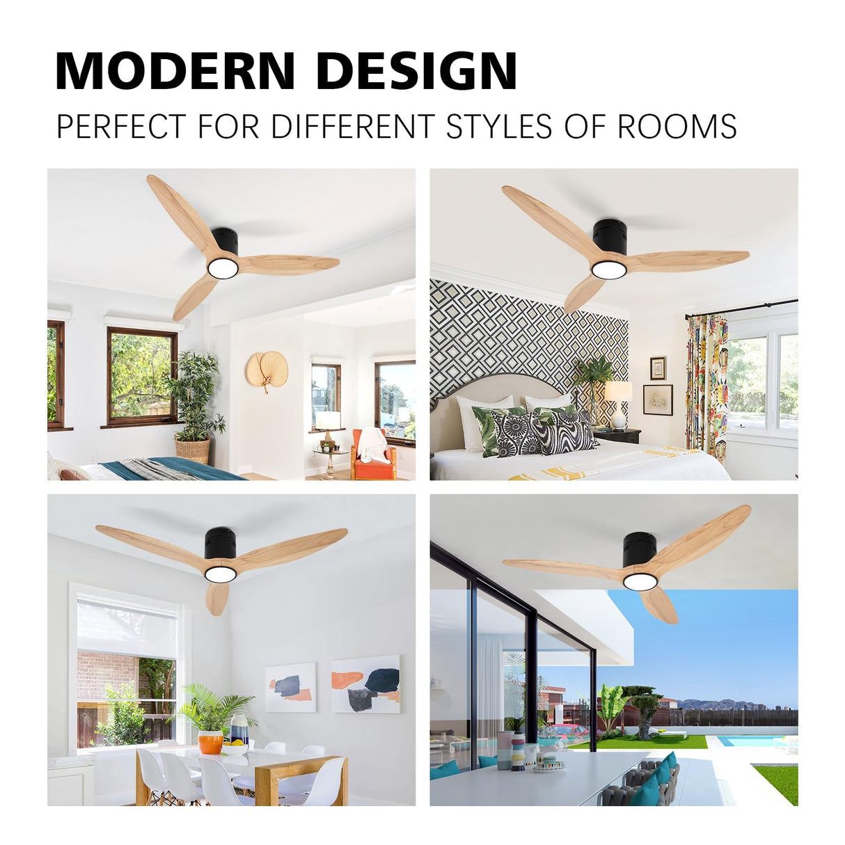 OUATER Wood Flush Mount Ceiling Fan with Light,52 inch Low Profile Modern Ceiling Fans for Outdoor/Patios/Bedroom/Office,3 color light,6 Speed,DC Motor,Wood and Modern Matte Black OUATER