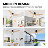OUATER Wood Flush Mount Ceiling Fan with Light,52 inch Low Profile Modern Ceiling Fans for Outdoor/Patios/Bedroom/Office,3 color light,6 Speed,DC Motor,Wood and Modern Matte Black OUATER