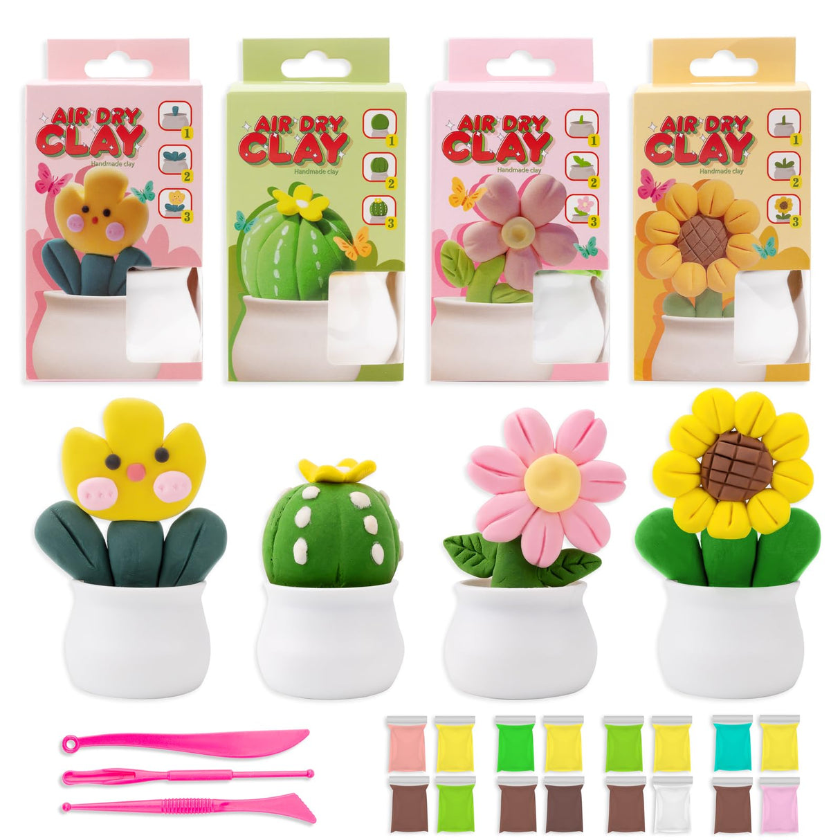 Alvian Air Dry Clay Succulent Plant Pot Kits Modeling Clay, DIY Airdryclay Kit with Sculpting Tools, Non-Toxic Ultra Light Modeling Magic Clay, Art Crafts Gift for Boys Girls Alvian