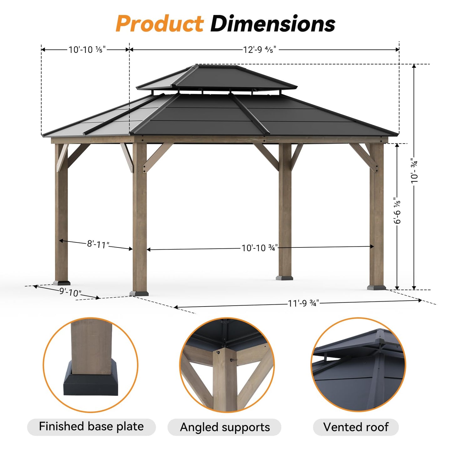 Modern Shade Wood Gazebo 11' x 13', Cedar Framed Wooden Gazebo with Double Galvanized Steel Roof, Hardtop Gazebo with Sturdy Hooks for Garden, Backyard patio and Deck - WoodArtSupply