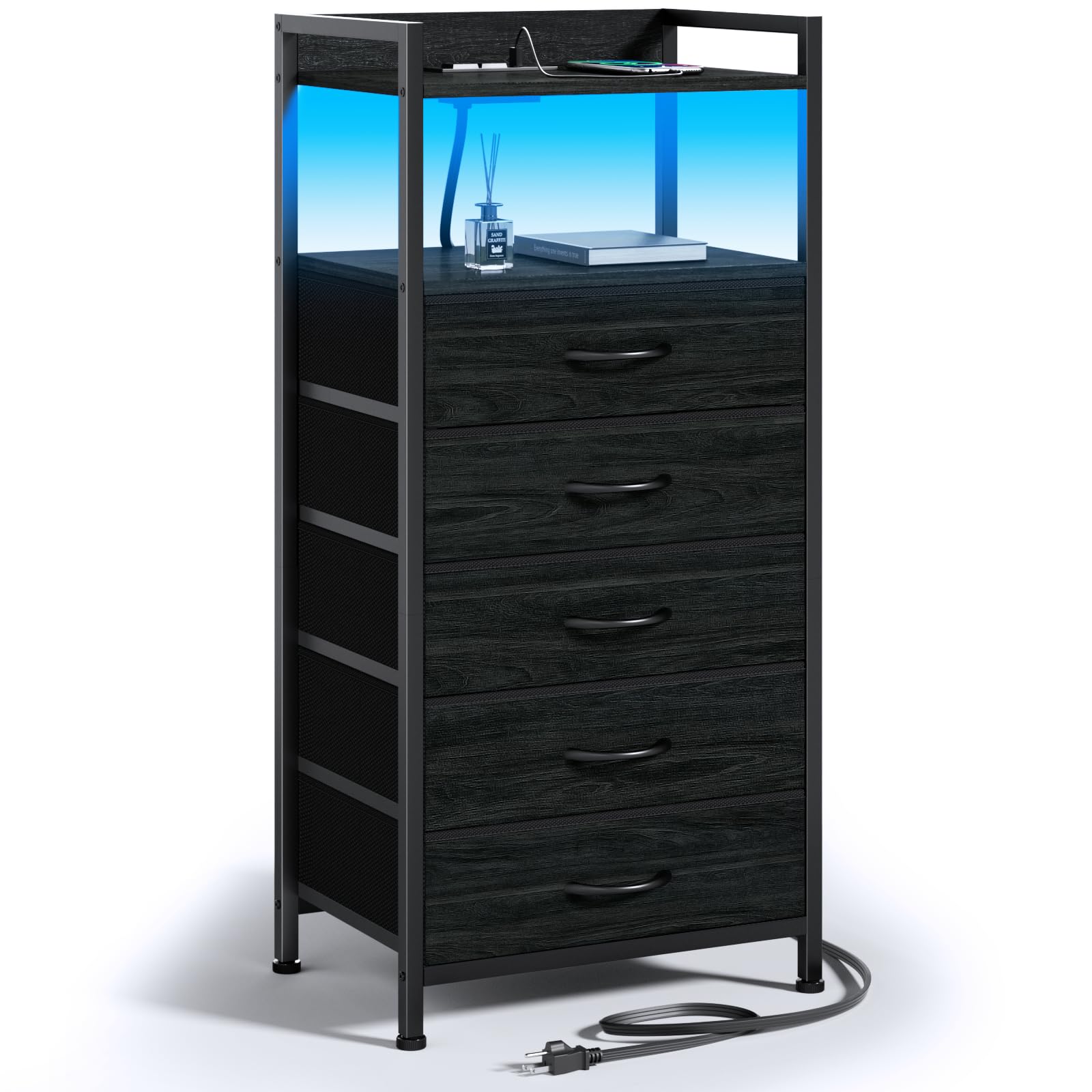 Furnulem 5 Drawer Nightstand with Shelf, Tall Black Dresser for Bedroom with Led Light and Charging Station, Bed Side Table for Living Room, Fabric Storage Bins, Metal Frame, Wood Furniture - WoodArtSupply