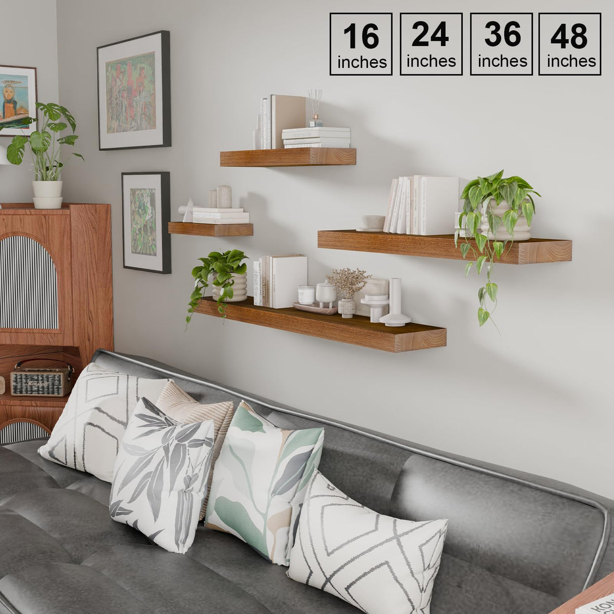 IAE Walnut Floating Wall Shelves 16 inch, Bathroom Shelves Wall Mounted,Invisible Shelf Floating Kitchen Shelves,Wooden Wall Shelving with Brackets for Living Room Wall Mounted,Easy Install,Set of 2 IAE